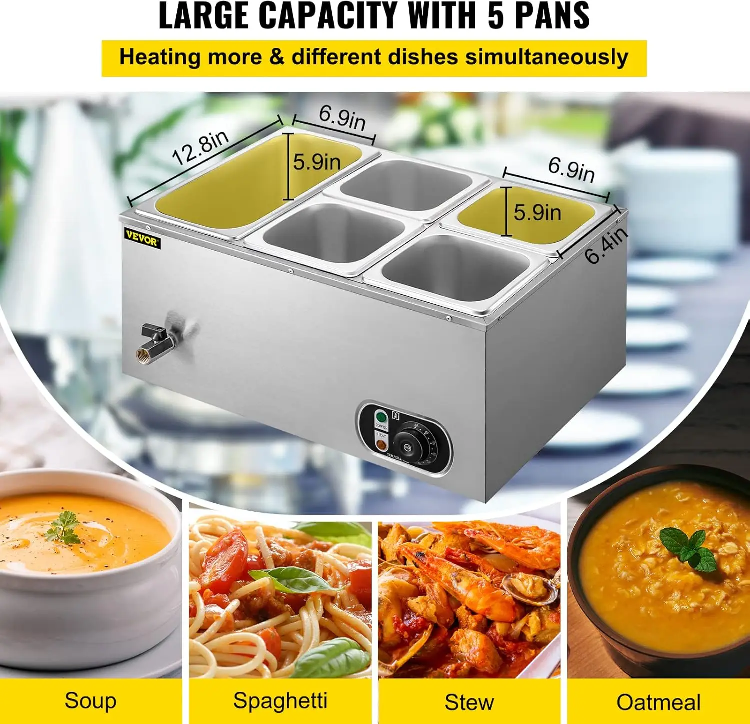 سخان طعام تجاري، 5 أطباق من الفولاذ المقاوم للصدأ باين ماري، 1 × 1/3GN و4 × 1/6GN، سعة 13.7 لتر، طاولة بخار 110 فولت 1500 وات 1