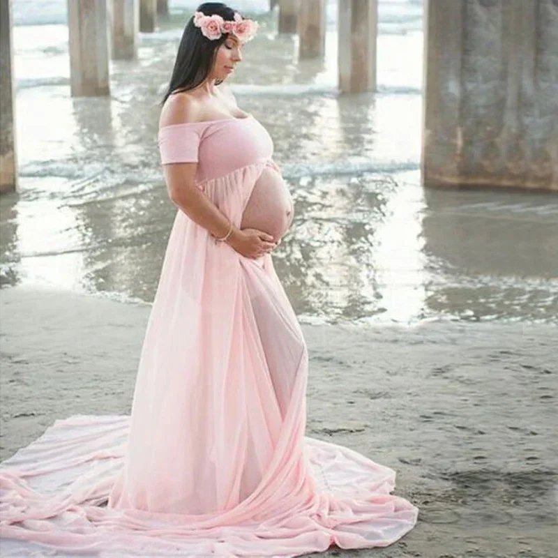 Maternity's Dresses for Photo Shoot Shoulder Less Solid  Photography Props Pregnancy Maxi Simple Dress