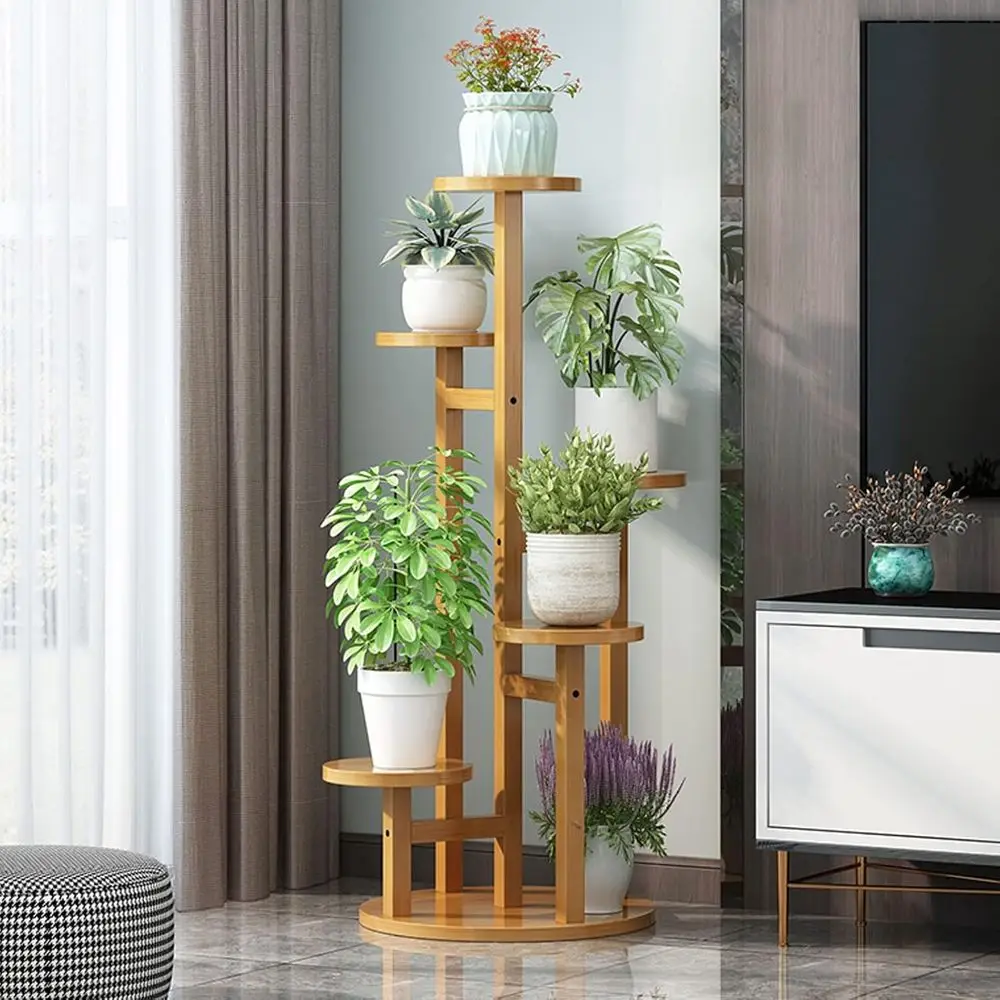

5-уровневая бамбуковая подставка для растений, высота 102 см, для улицы/в помещении, многофункциональная, круглая для балкона и сада