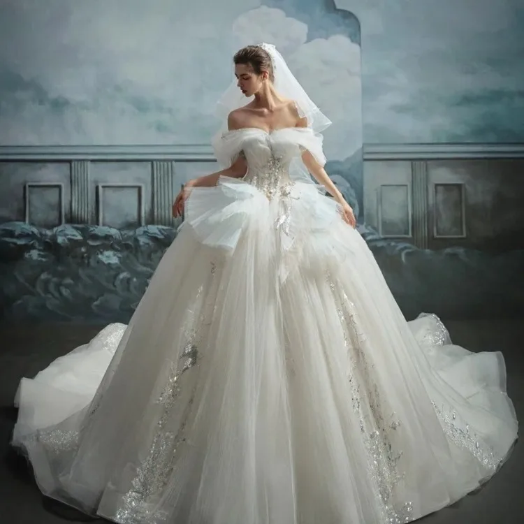 

Customized Luxury Ball Gown Wedding Dress Off Shoulder Sparkly Tulle Cathedral Train Big Bow Bridal Gown Vestidos De Novia