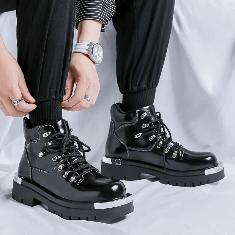 men fashion platform boots black stylish original leather shoes punk hip hop dress cowboy ankle boot brand designer short botas