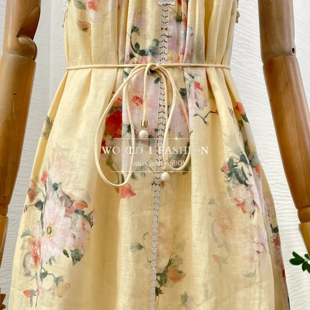 린넨 2025 고품질 노란색 플로럴 프린트 민소매 레이스 패치워크 백리스 미디 드레스
