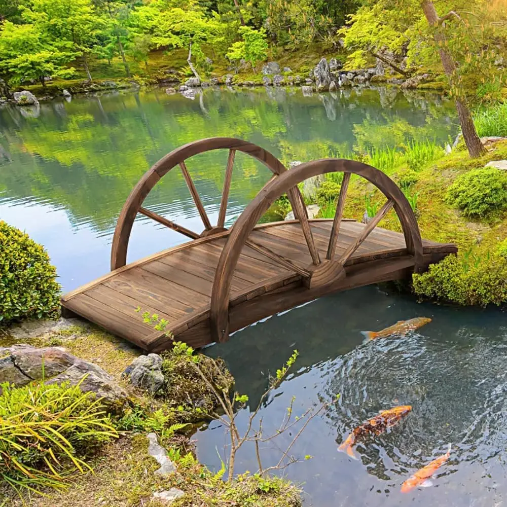 3.3ft Wooden Garden Bridge with Wagon Wheel Railings,Brown, Customized