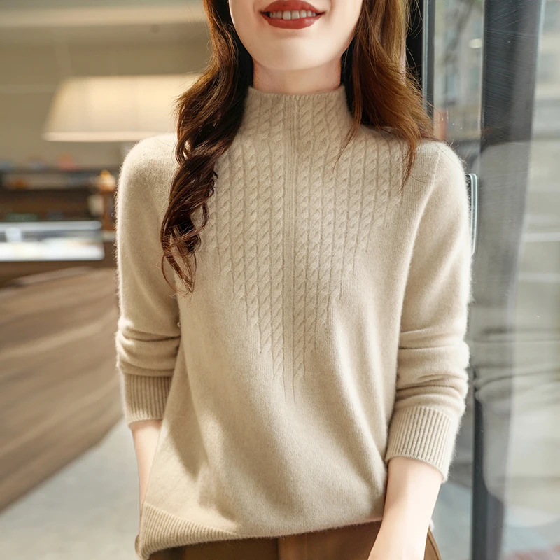 100% Merino Wool Pullover Winter Solid Long Sleeve Fashion Cashmere Jumper Women's Seamless Knitted Thickening Female Sweater 24