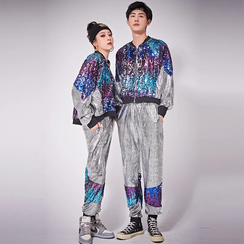 Modern Dance Performance Gradient Sequins Stage Costumes Nightclub Costume Hip Hop Clothing Set Women Man Loose Jazz