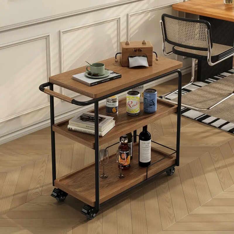 Vintage American Solid Wood Rolling Serving Cart Mobile Wine Food Trolley Storage Shelf for Home Kitchen Hotel Dining Room