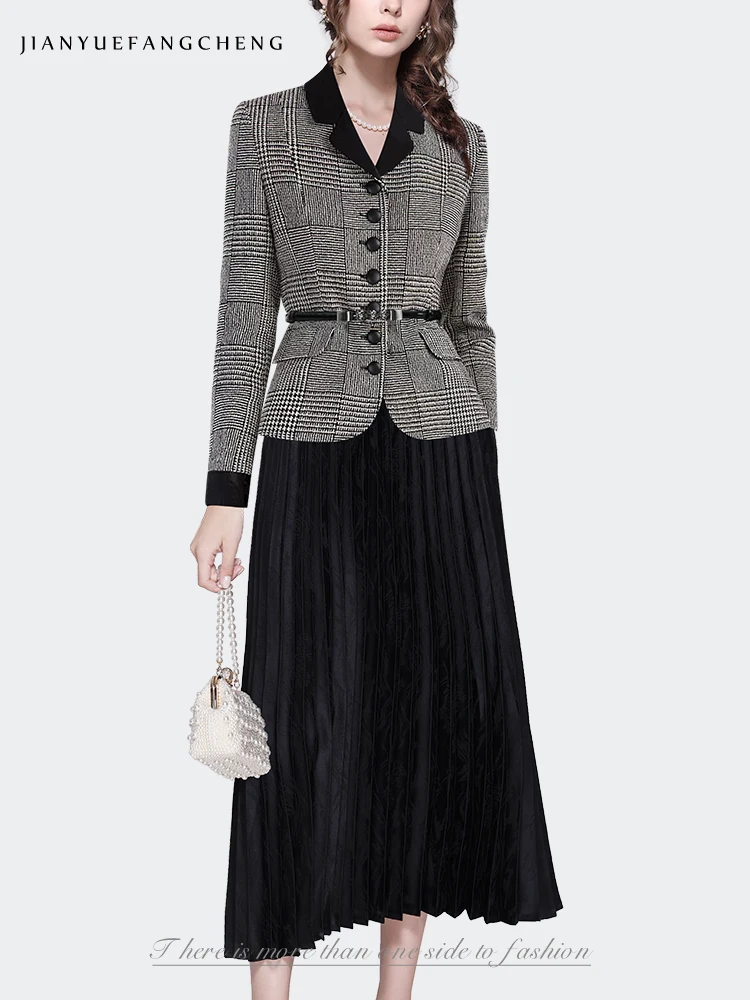 Women Vintage Grey Plaid JACKET With Belt 2023 Autumn Winter New Elegant Slimming Female Short Coat Working Casual Blazer