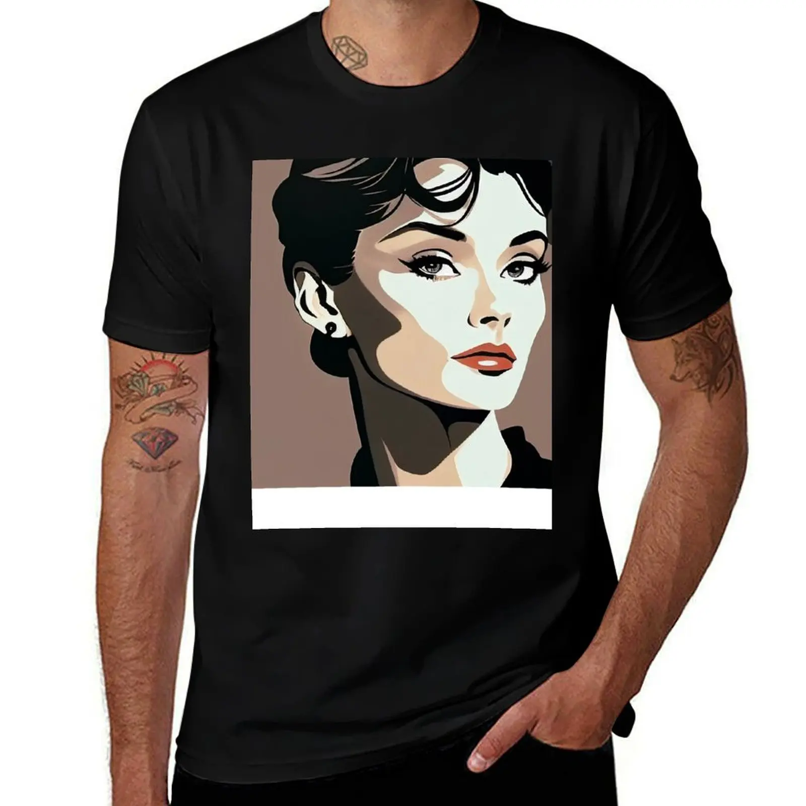 Audrey Hepburn in Style of Iconic 80's Artist Patrick Nagel for 80's fan T-Shirt Holiday Casual Short Sleeve Top T-Shirt