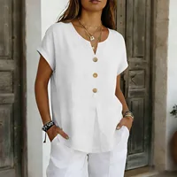 2026 Summer Basic Blouses Women's Shirts Solid Color Casual Short-Sleeve Cotton Linen Fashion Plus Size V-Neck Loose Button Tops 3