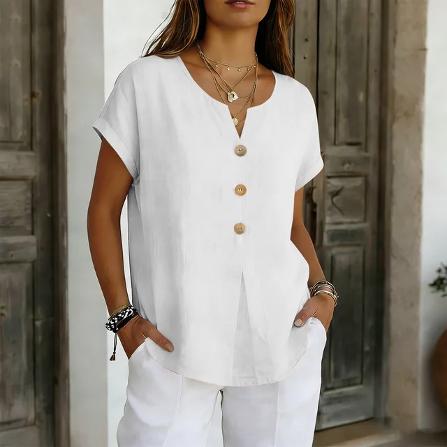 2026 Summer Basic Blouses Women's Shirts Solid Color Casual Short-Sleeve Cotton Linen Fashion Plus Size V-Neck Loose Button Tops 3