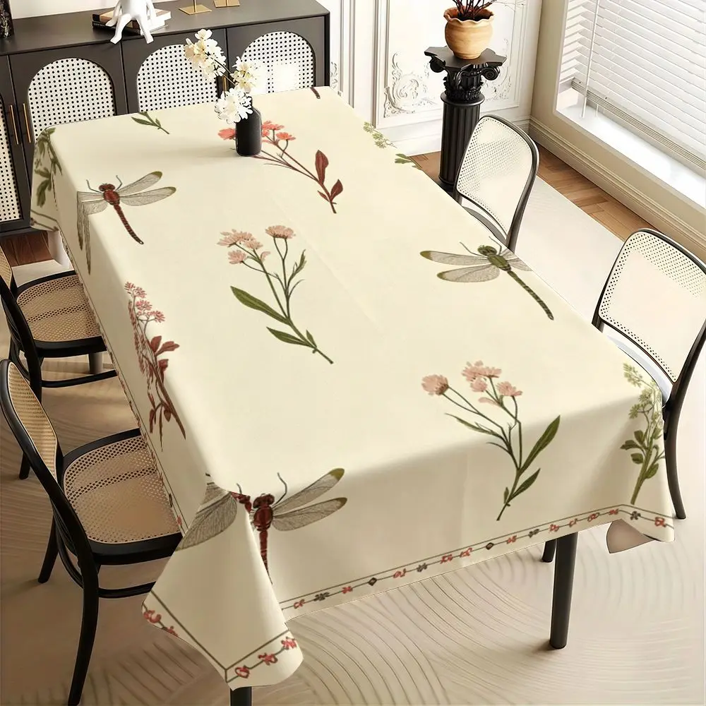 1pc Linen, Texture, Tablecloth Floral Pattern with Delicate Flowers And Leaves in Soft Colors on a Cream Background Featuring Elegant Dragonfly Motifs And Subtle Border Design