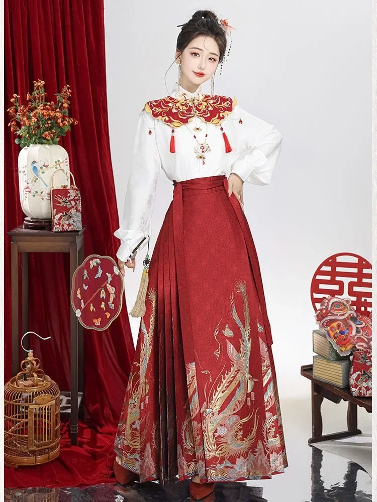 Vintage Hanfu Horse Face Skirt Red Women Chinese Traditional Wedding Toast Engagement Dress 2pcs Shirt Pleats Skirt Set Mamian