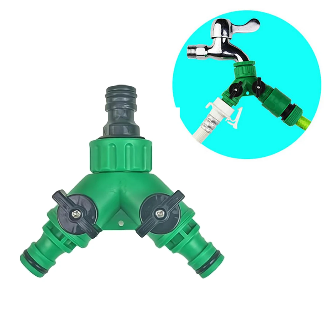 Garden Hose Splitter (2 Way), Y Splitter Quick Connect Green Coupler G3/4 Female Thread Garden Hose Fitting for Gardening Lawns