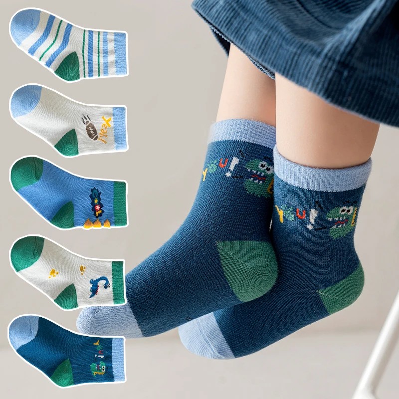 

Children's Socks 5 Pairs New Mid-Calf Dinosaur Socks Infant Girl Sock Autumn Baby Boys Kids Middle Large Child Sock детские носк