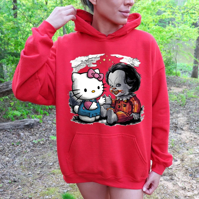 Hello Kitty Playing and Chucky Printed Women's Hoodie Casual Sweater Loose Top Personalized Women's Clothing