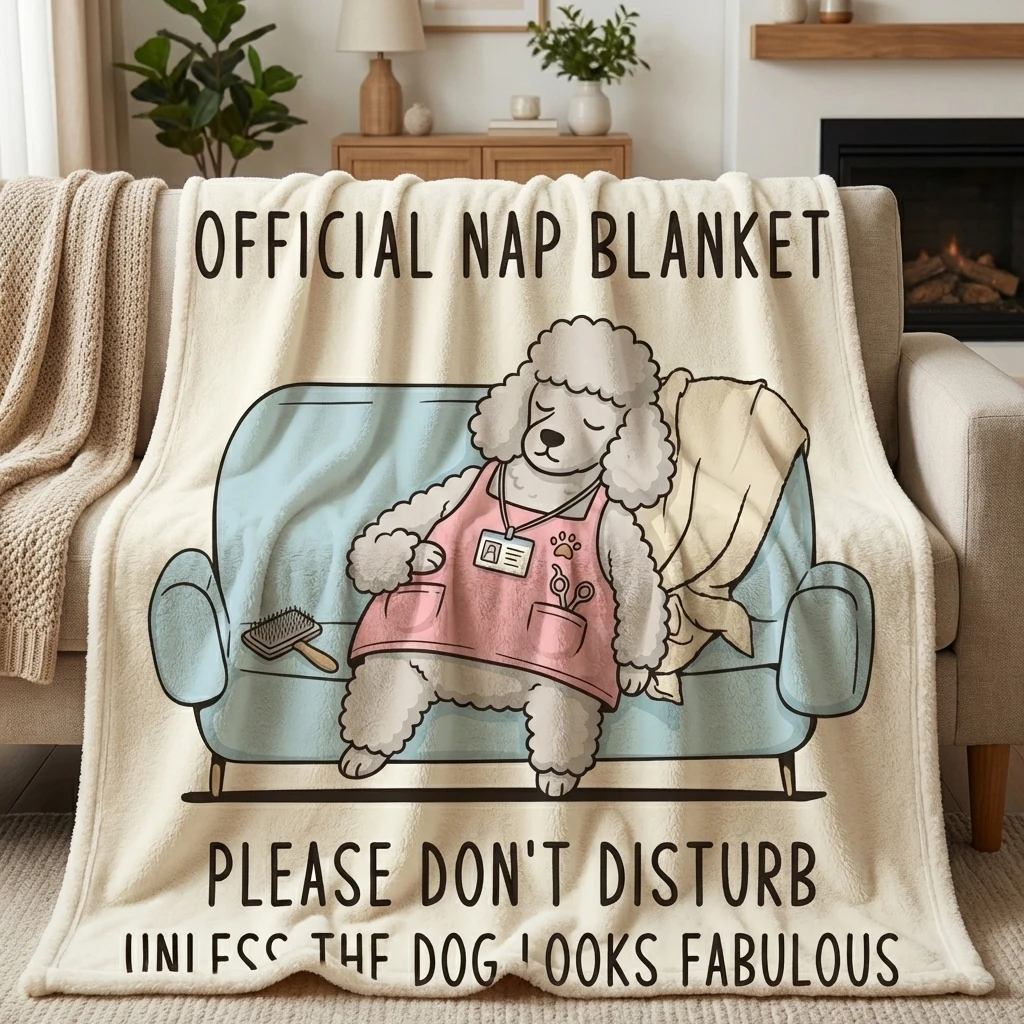 Funny Groomer's Official Nap Blanket Flannel Throw, Cute Poodle Dog Groomer Print for Pet Groomers