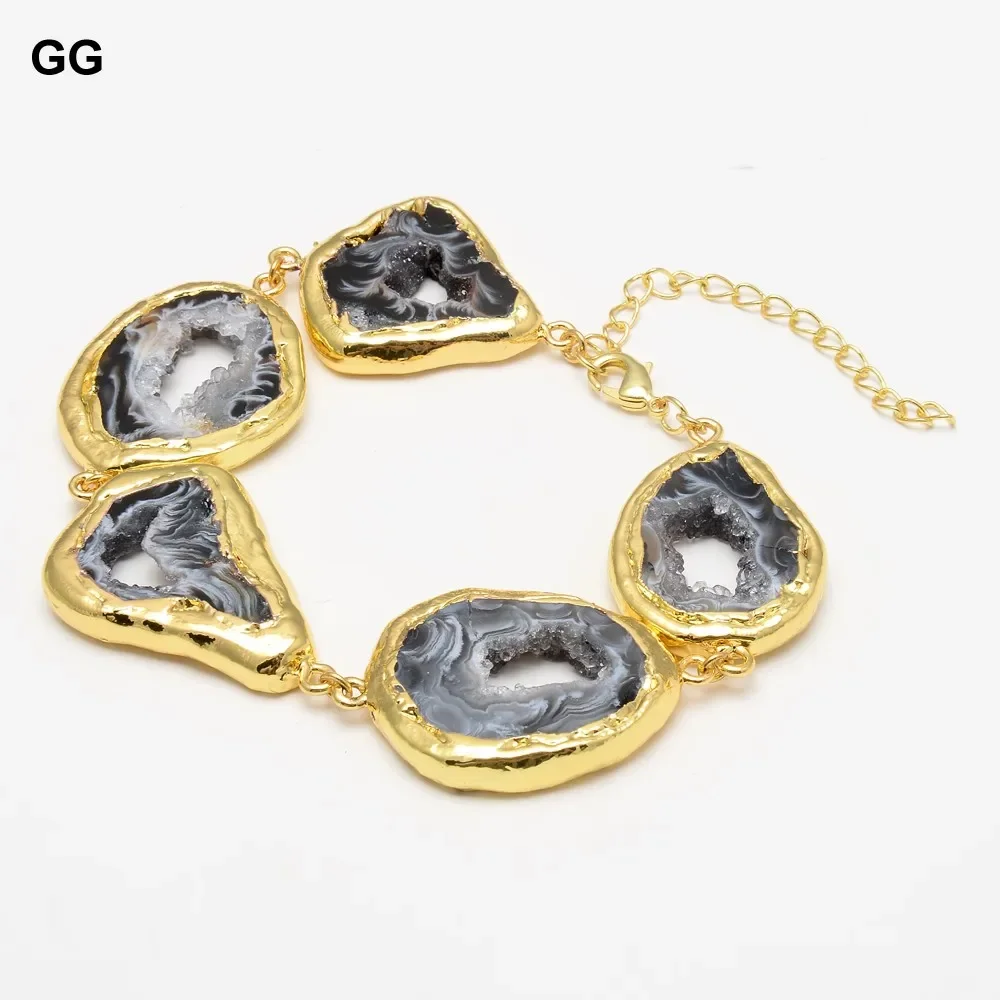 

Jewelry Natural Black Agates With Gold Color Plated Quartzs Agate Chain Bracelet Vintage For Women