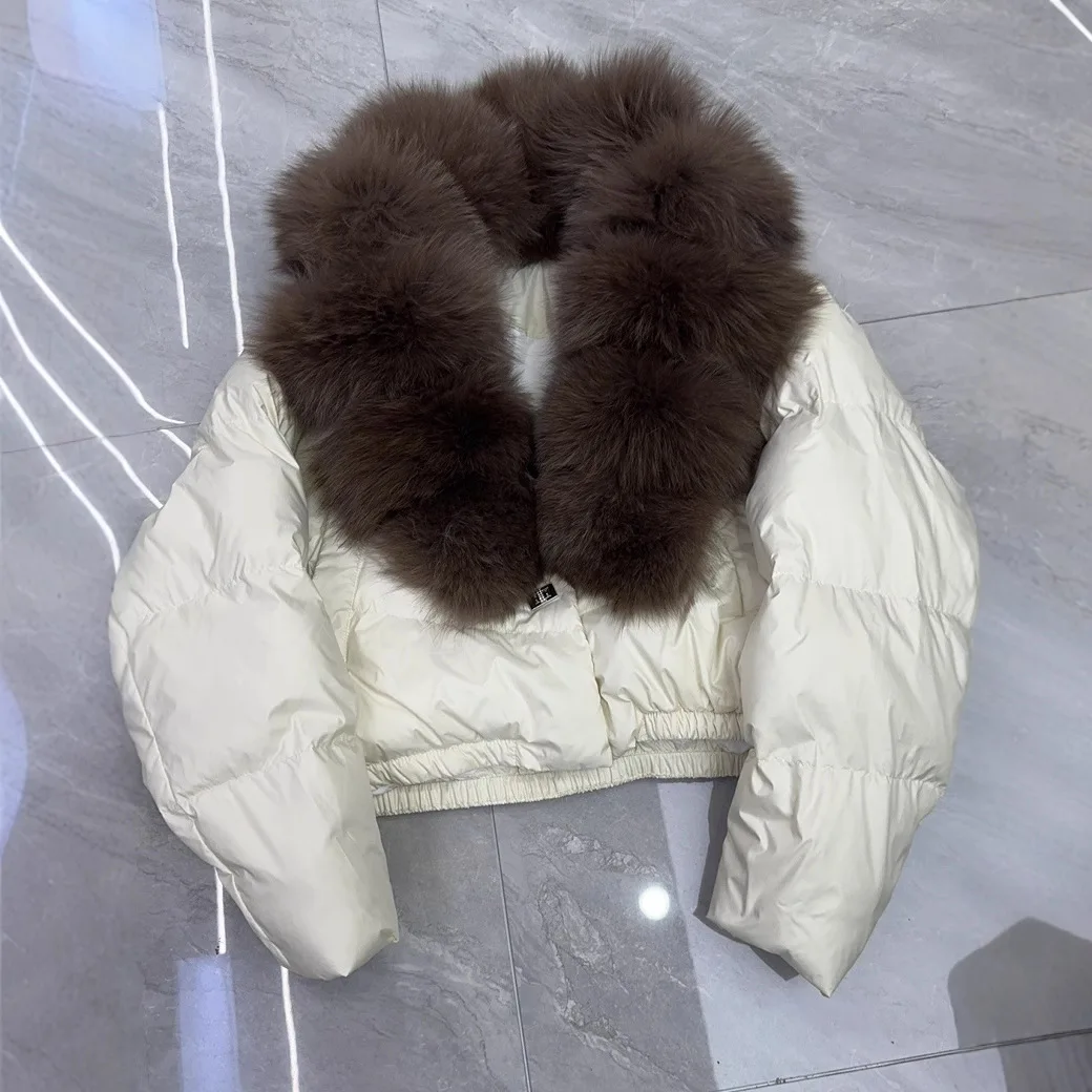 Короткая куртка-пуховик, новая толстая большая куртка из натурального лисьего меха, женская осенне-зимняя женская белая куртка на утином пуху