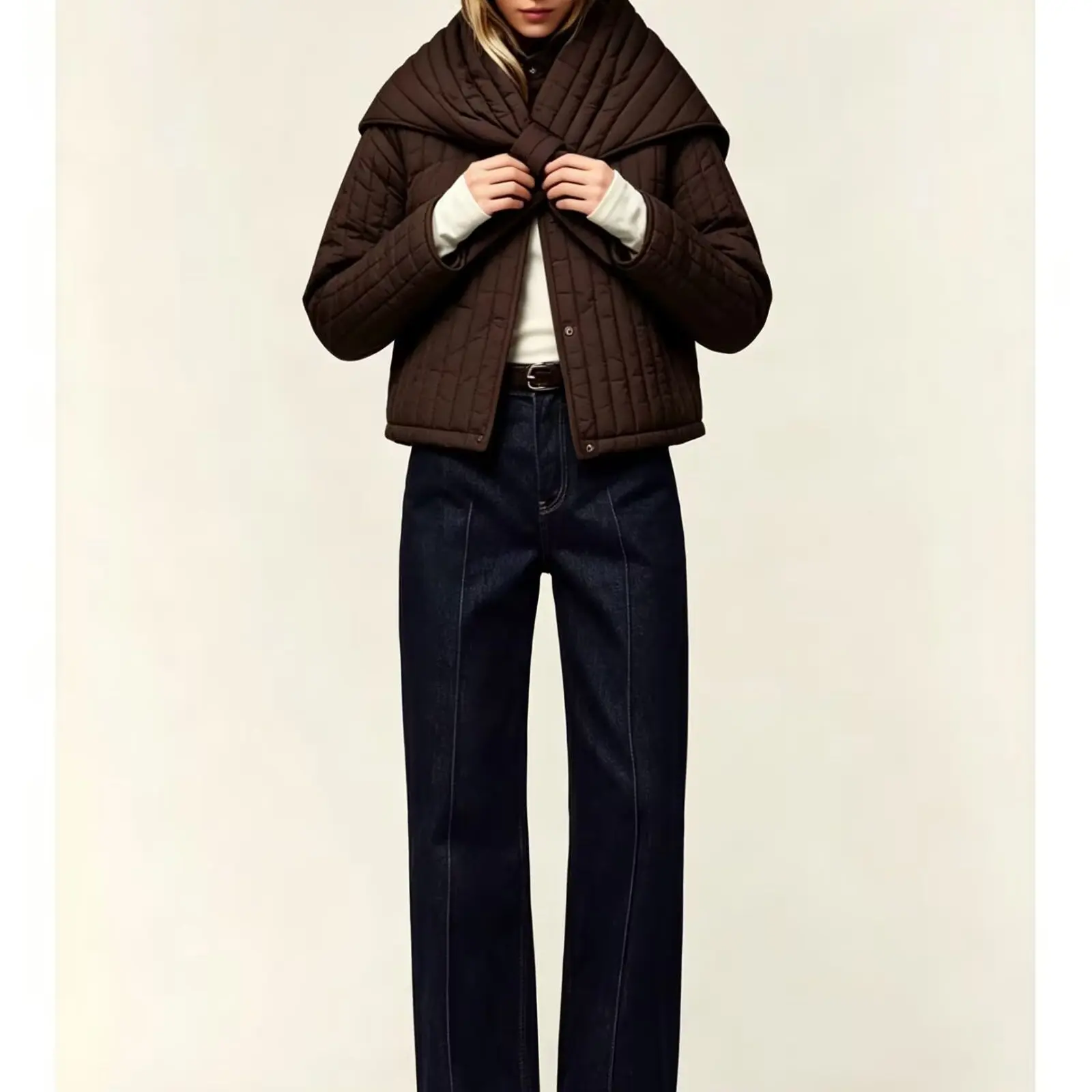 Detachable Scarf Cotton Jacket Pure Color Stand Collar Versatile Commuter Style Women's Fashion Autumn Collection Coat