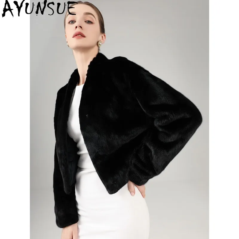 AYUNSUE Cappotto di pelliccia vera Donna Giacche invernali di lusso Donna Colletto alla coreana Giacca di pelliccia Visone intero Cappotti di pelliccia nera Abbigliamento donna Шу].