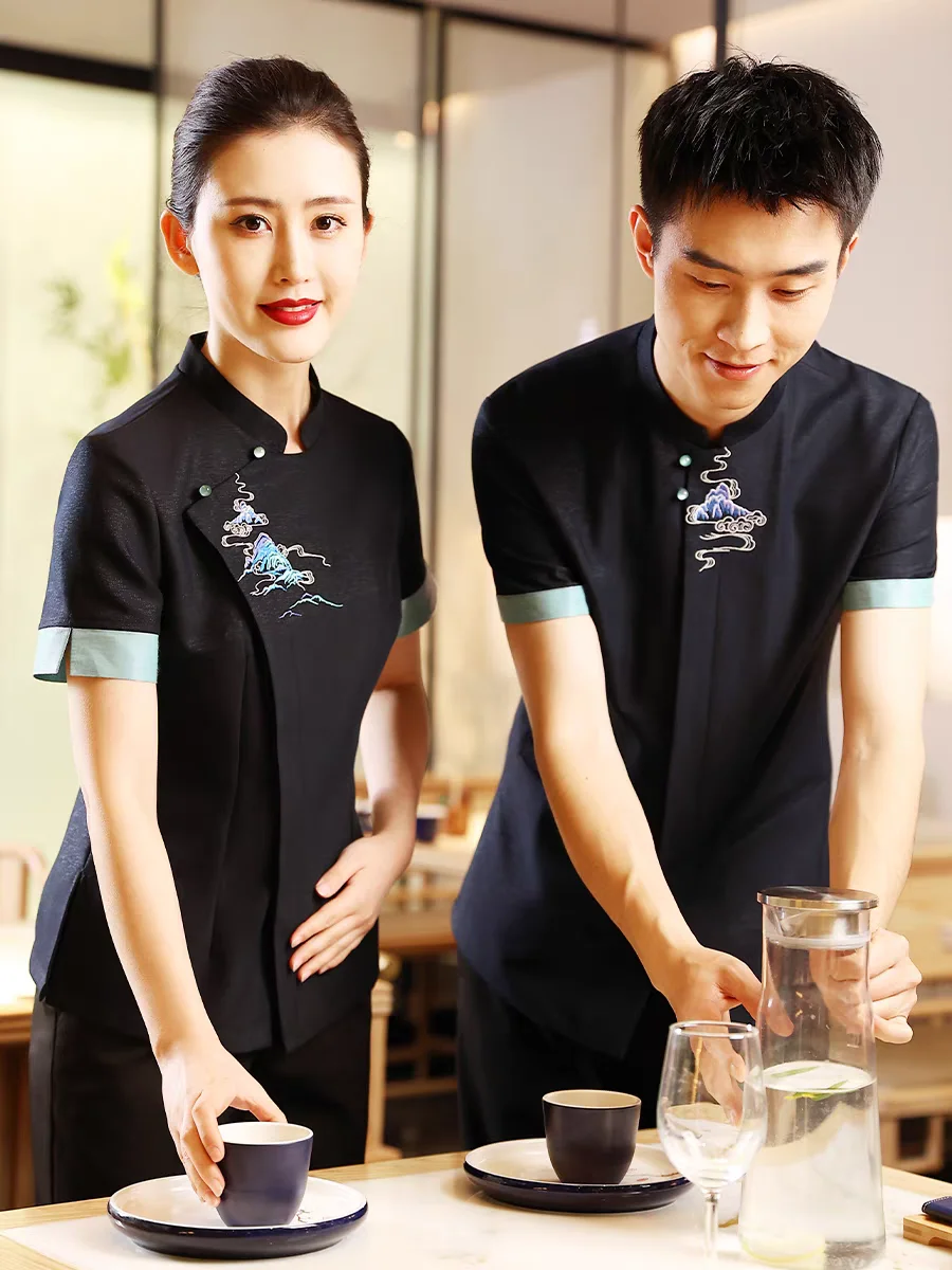 

Hotel Attendant Work Clothes Short Sleeve Chinese Restaurant Waiter Uniform Top and Pants Set Catering Hotpot Workwear Wholesale