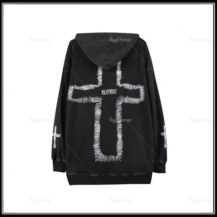 

High Quality Cross Embroidery Hoodie Oversize Sweatshirt European And American Harajuku Casual Y2k Streetwear For Men And Women