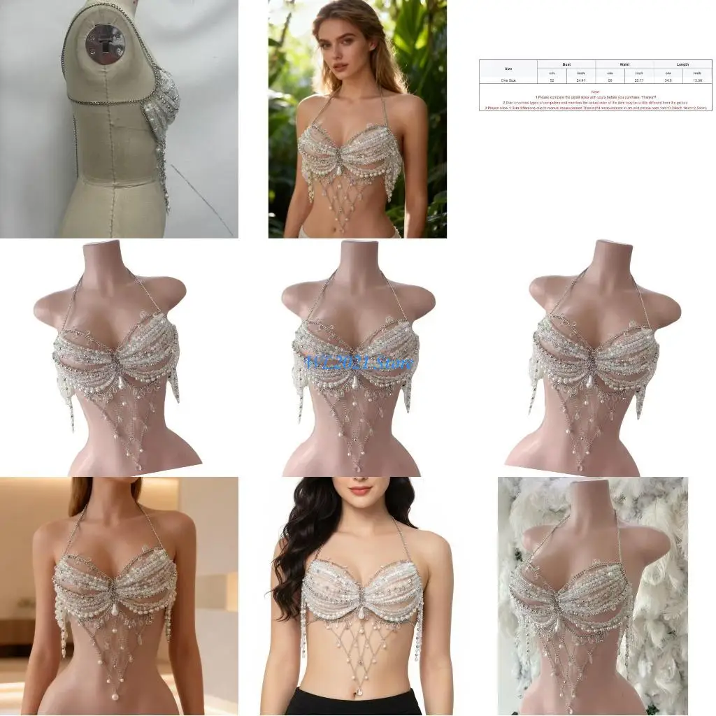 

G5GC Beaded Body Chain Bra Multilayer Body Chain Harness Body Jewelry Accessories Beach Coverup for Womens Girls
