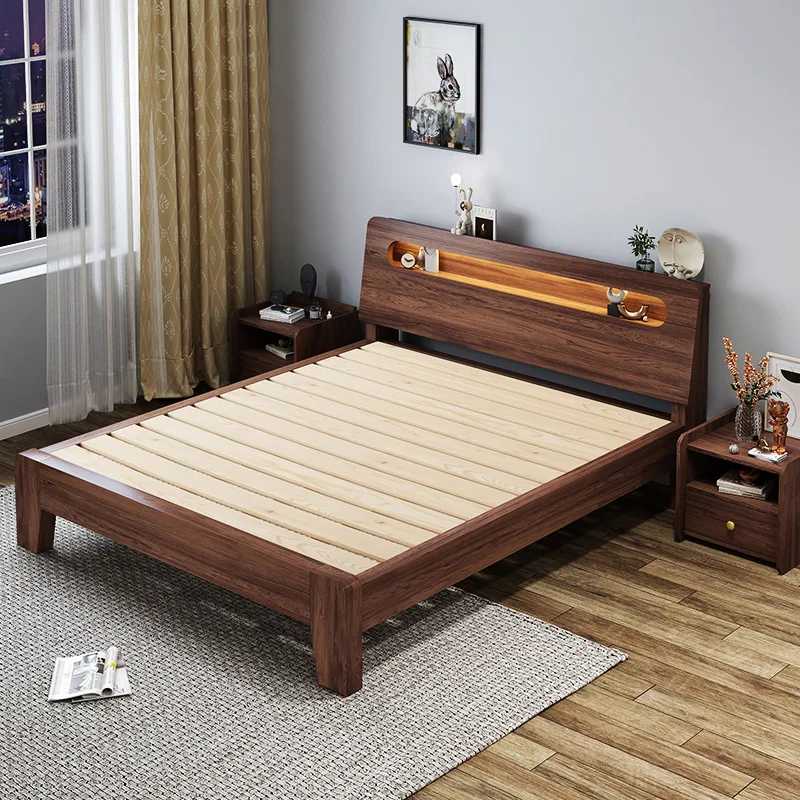 Ornament Upholstered Bedroom Bed Bedside Luxury Wooden Accessories Solid Bed Platform Japanese Cama Box Casal Home Furniture