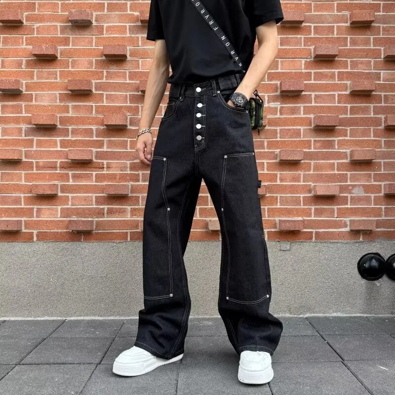 

Повседневные мужские джинсы Harajuku Sle в стиле пэчворк, прямые брюки, свободная посадка, модная рабочая одежда, длинные брюки, уличная одежда, лето