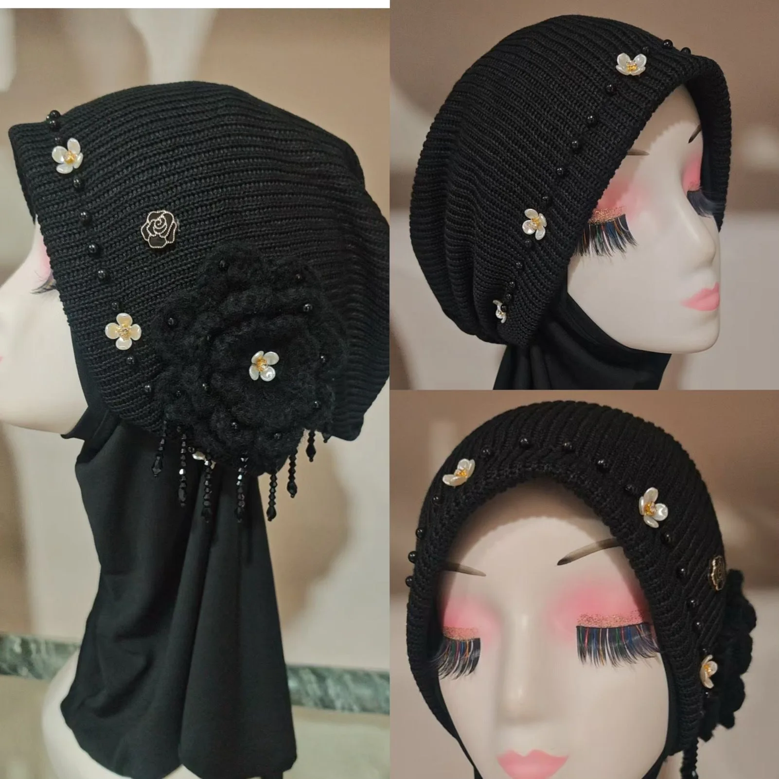 

Зимняя черная милая мужская вязаная черная шапка хиджаби для девочек, 2 шт./компл.