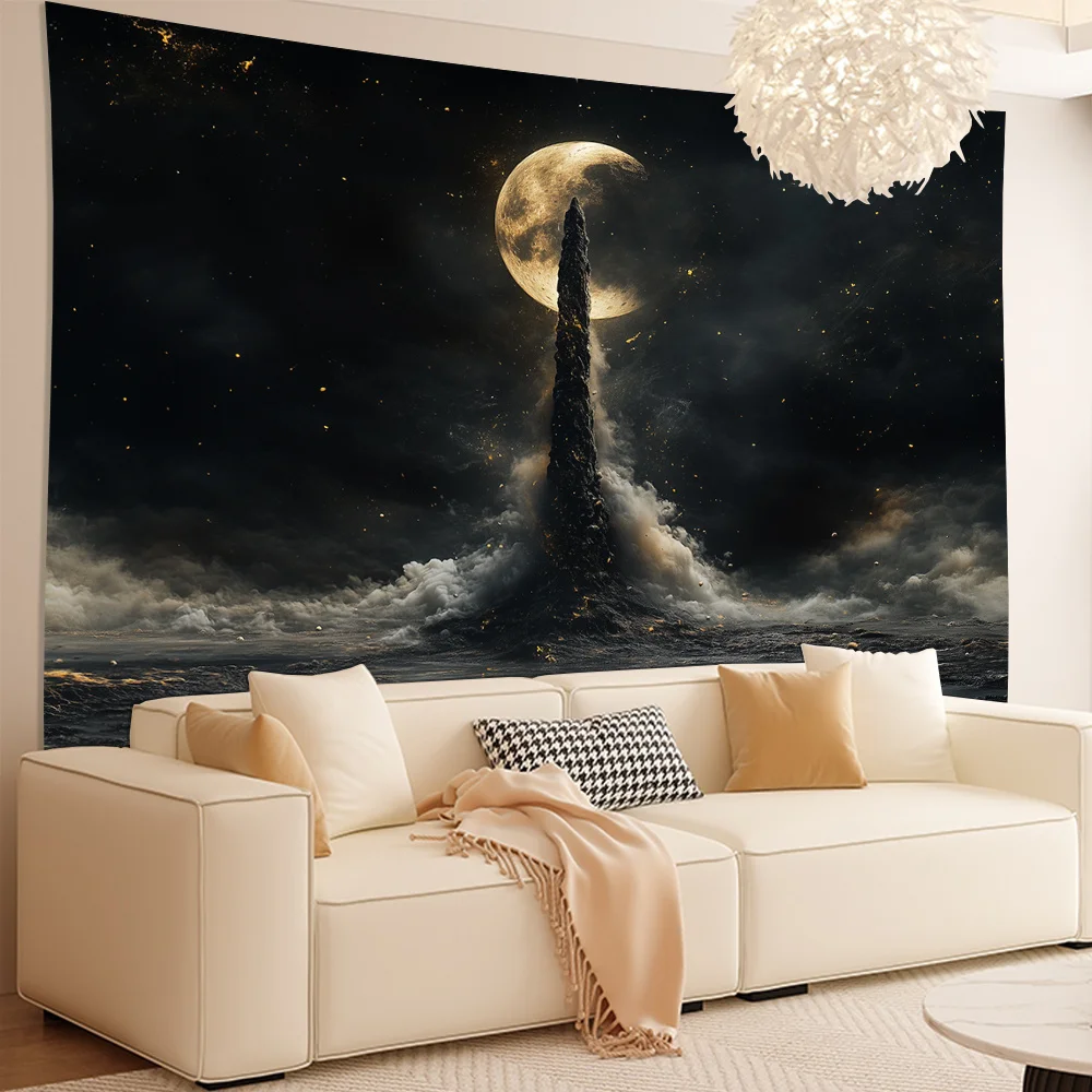 Moon and Tower Theme Digital printing polyester wall hanging tapestry decorative Living room bedrooms Office background gift
