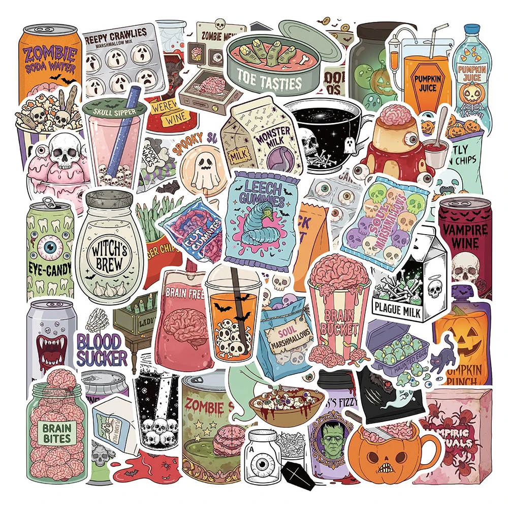 10/30/50pcs Retro Halloween Horror Jar Snack Stickers Cool Cartoon Gothic Decals Fridge Phone Suitcase Creative Graffiti Sticker
