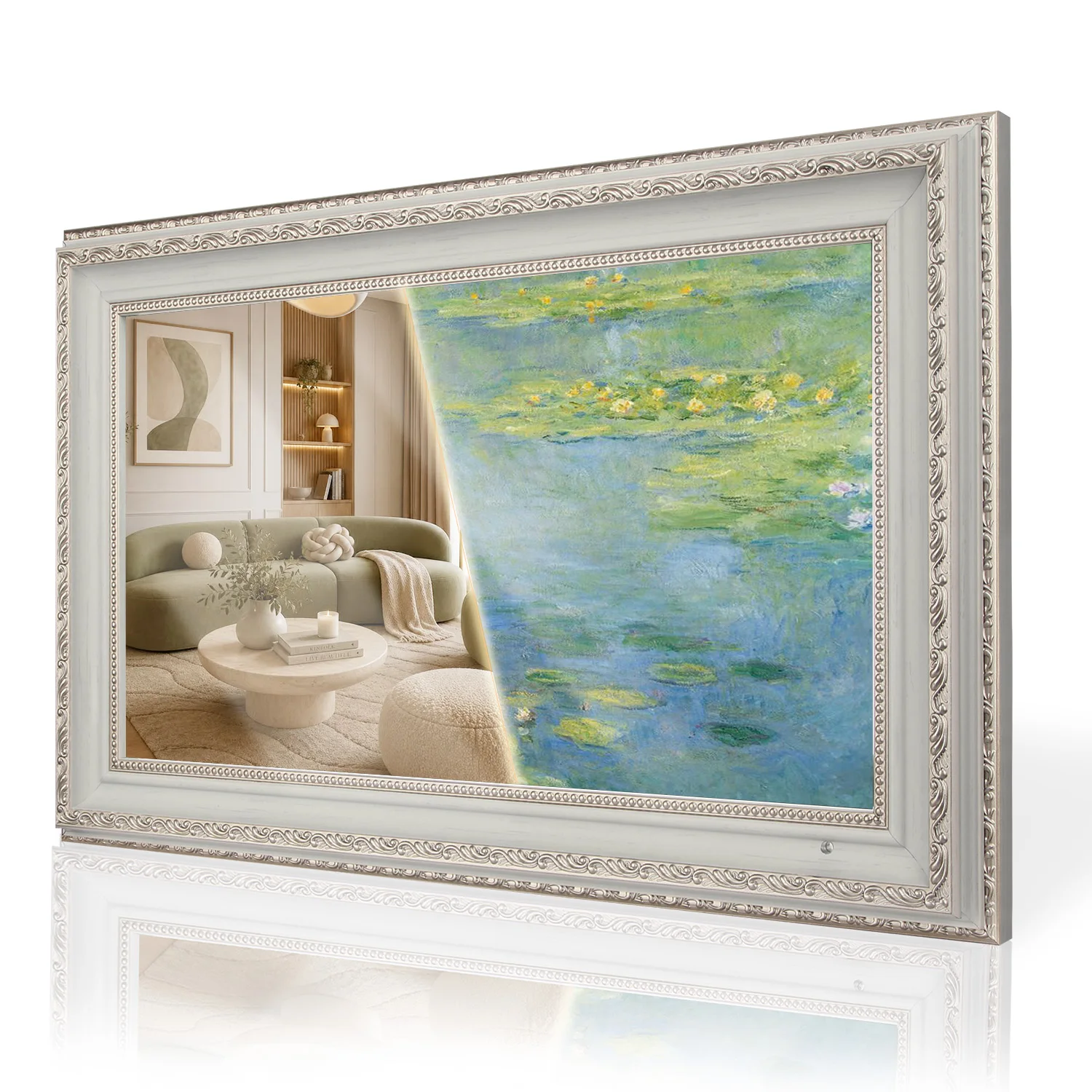 Souria 21.5-inch Mirror LED TV with White Frame Luxury Waterproof Bathroom Decor Smart webOS DTV SPA Gallery Fireplace TV