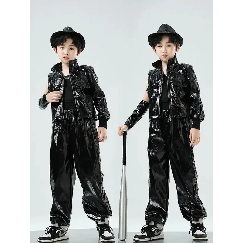 سراويل سترة جلدية سوداء للفتيات والأولاد أزياء الجاز للأطفال ملابس Kpop ملابس الهيب هوب ملابس مهرجان الأداء المسرحي