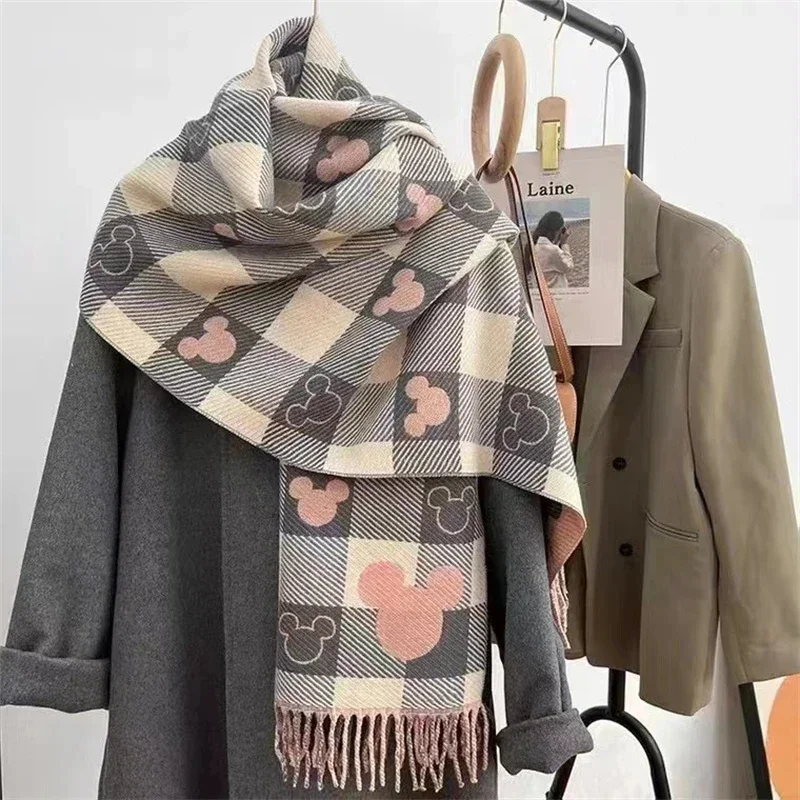 Disney 100th Aniversary Mickey Plaid Scarf Winter Cute Cartoon Print Cashmere Scarf Fashion Warm Soft Scarf Casual Scarf Gift