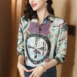 Women Chic Printed Elegant Commuting Cardigan Top Vintage Fashion Long Sleeve Shirts Soft Casual Turn-down Collar Blouses