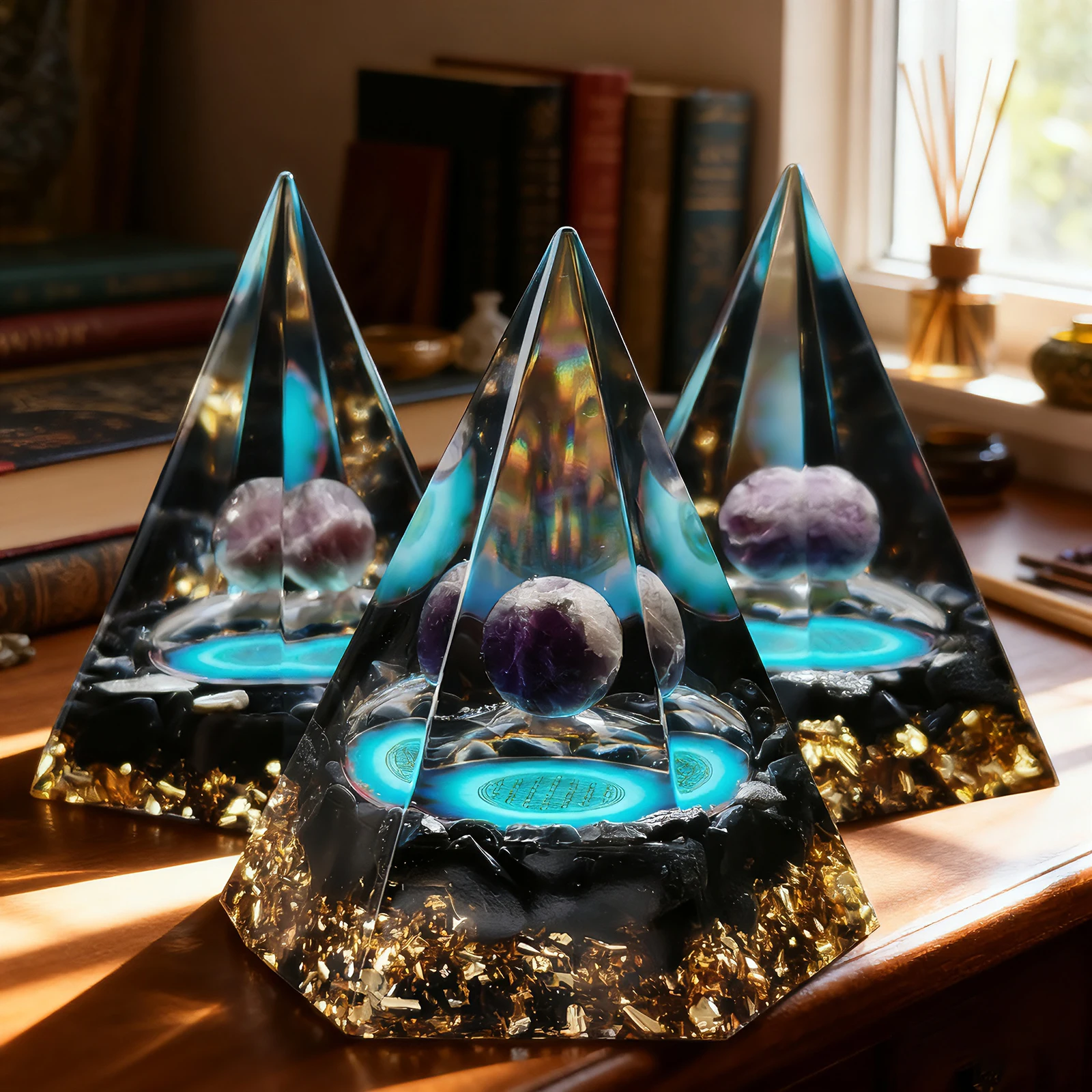 1pc/6cm Natural Amethyst Sphere and Obsidian Hexagonal Orgone Pyramid Decorative Ornament. Crystal Energy Healing Pyramid Gener