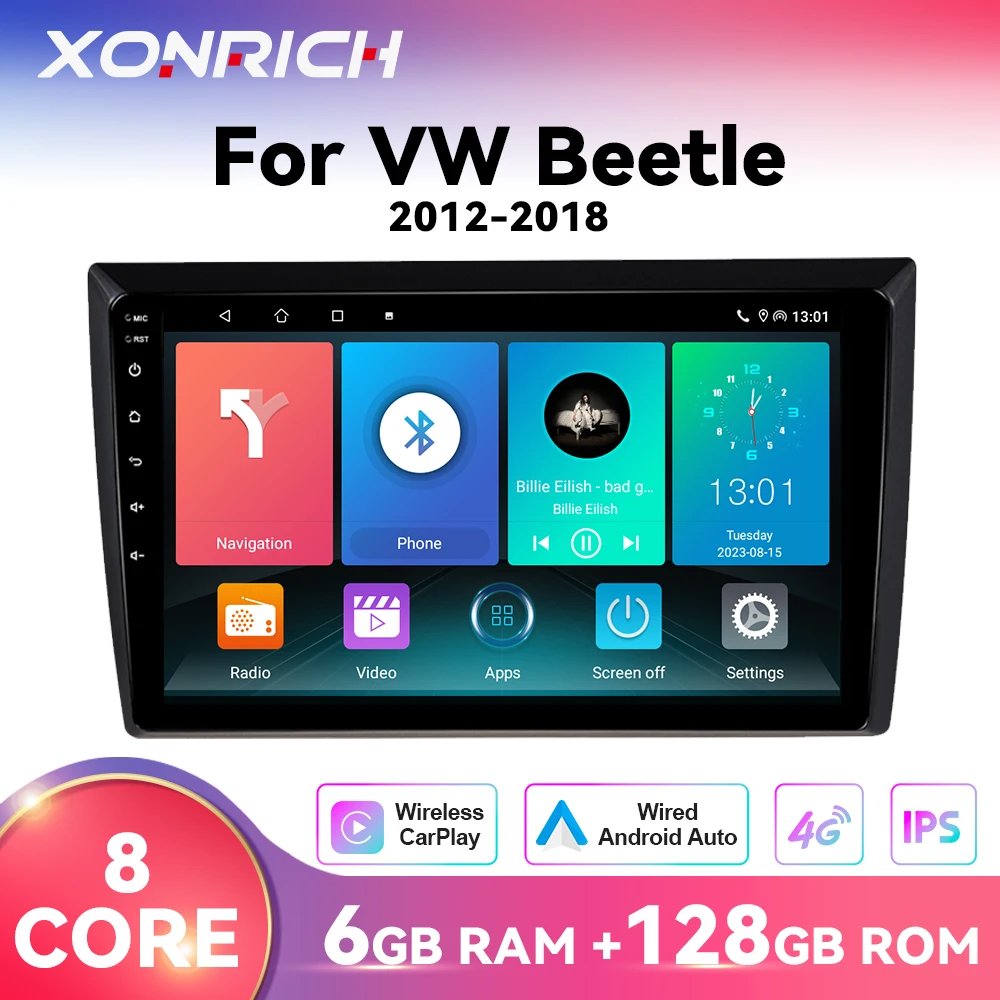 1280*720 IPS Wireless CarPlay Lettore di autoradio per VW Volkswagen Beetle 2012-2018 Android 14 Multimedia GPS 4G Wifi DSP RDS