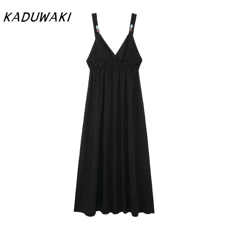 KADUWAKI Fashion Sexy V-Neck Sleeveless Black Halter Robe Classic Slim Pleated Maxi Beach Dresses Летнее Платье Больших Размеров