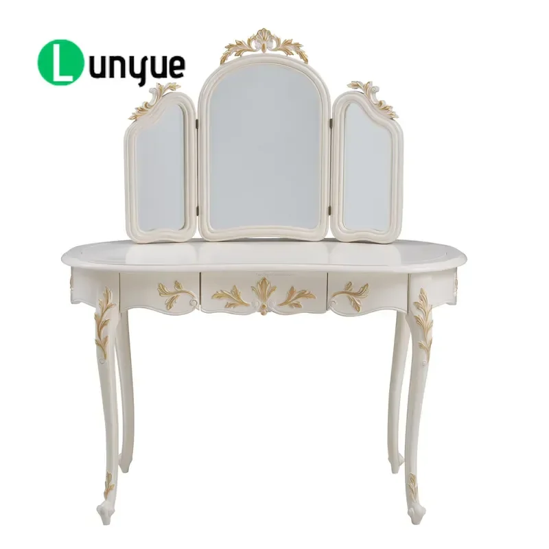European Antique Style White Wooden Dresser with Mirror Elegant Bedroom Furniture Makeup Vanity High Quality Solid Wood Suit