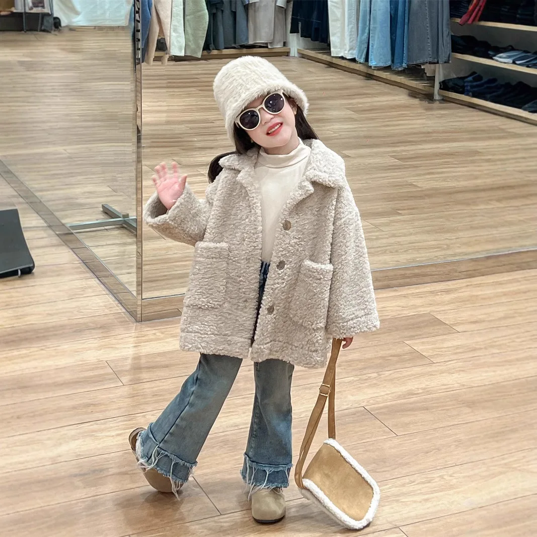 Winter Boys and Girls Neutral Thickened Warm Composite Fur Integrated Medium and Long Single-breasted Jacket
