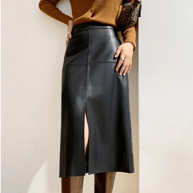 

2023 New Genuine Leather Skirt for Women Vegetable Tanned Sheepskin Wrap Long Faldas Mujer Mid Length Front Slit Mid-Calf