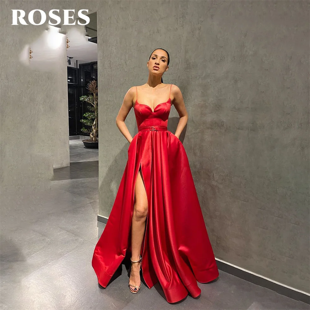 Vestido de noche elegante con cuello en V para mujer, vestidos de baile con tirantes finos, vestidos de noche con abertura lateral y manchas, Rojo, Rosa