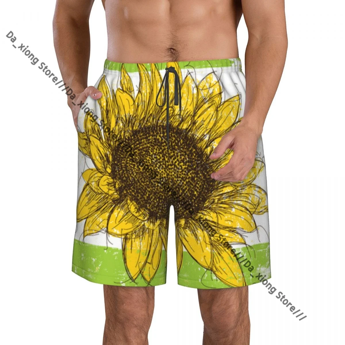 

Мужские пляжные шорты, быстросохнущие плавки, эскиз подсолнечника поверх абстрактного фона, купальник, купальные шорты