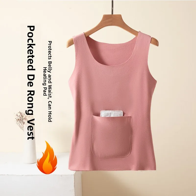 Thermally Insulated Slim Fit Women's Thermal Vest with Pockets Warm Belly Belted Base Layer Fleece Lined Inner Wear Tank Top