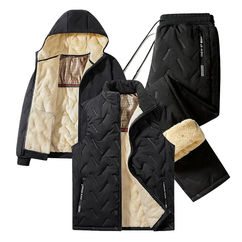 

Winter anti cold and warm men's 3-piece wool vest stand collar winter thick warm underwear anti cold ultrasonic warm sports set