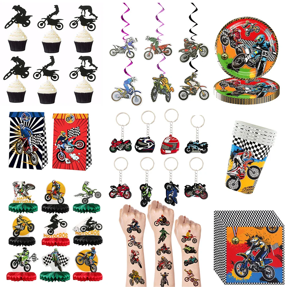 Moter Bike Birthday Decorations Moto Cross Gift Bags Motorcycle Keychain Tattoos for Kids Dirt Bike Party Supplies