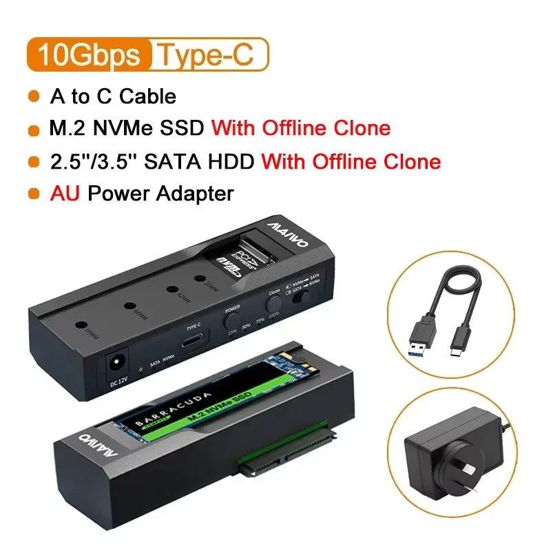 MAIWO 10Gbps M.2 NVMe SSD Behuizing USB-C Dubbele Bay 2.5' 3.5' SATA HDD SSD Dockingstation voor 2.5/3.5 inch SATA HDD NVMe SSD
