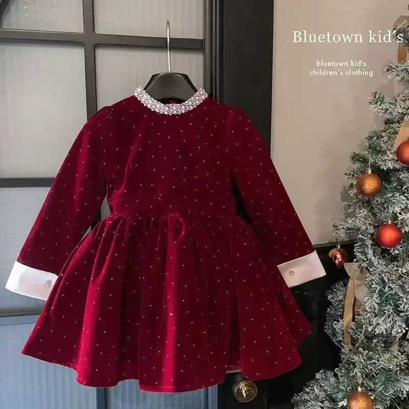 Girls' Sparkling Velvet Plush Dress New Spring Autumn Winter Edition Pearl Collar Pong Princess Dress