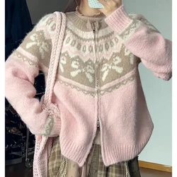 Korean Fashion Version Sweet Bow Jacquard Sweater Zipper Cardigan Women Autumn Winter Loose Pink Knitted Kawaii Sweater Coat Top